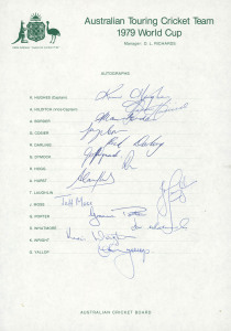 1979-83 collection of Australian Official Team sheets; all fully signed, comprising 1979 World Cup (Kim Hughes, Capt.), 1981 U.K & Sri Lanka Tour (Kim Hughes, Capt.), 1982 New Zealand Tour (Greg Chappell, Capt.), 1985England Tour (Allan Border, Capt.), 1988 Pakistan Tour (Allan Border, Capt.) and 1991 Zimbabwe Tour (Mark Taylor, Capt.). (A total of 98 original signatures).