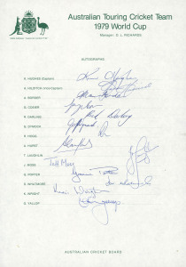 1979-83 collection of Australian Official Team sheets; all fully signed, comprising 1979 World Cup (Kim Hughes, Capt.), 1981 U.K & Sri Lanka Tour (Kim Hughes, Capt.), 1982 New Zealand Tour (Greg Chappell, Capt.), 1985England Tour (Allan Border, Capt.), 19