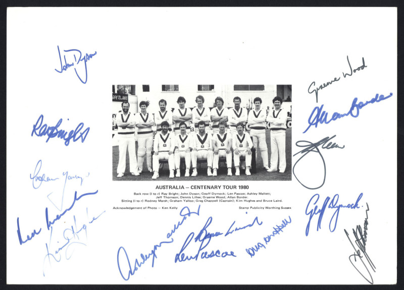 1980-97 collection of Australian Team sheets, etc; all fully signed, comprising 1980 Centenary Tour publicity photograph fully signed in the large margins (Greg Chappell, Capt.), 1982 New Zealand Tour (Greg Chappell, Capt.), 1992 World Cup (Allan Border,