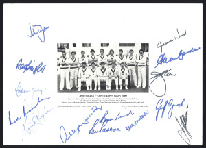 1980-97 collection of Australian Team sheets, etc; all fully signed, comprising 1980 Centenary Tour publicity photograph fully signed in the large margins (Greg Chappell, Capt.), 1982 New Zealand Tour (Greg Chappell, Capt.), 1992 World Cup (Allan Border, 