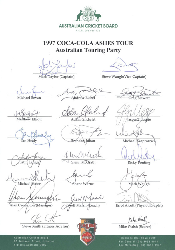 1997-99 group of Australian Team sheets; all fully signed, comprising 1997 Ashes Tour (Mark Taylor, Capt.), 1998 India Tour (Mark Taylor, Capt.) and 1999 West Indies Tour (Steve Waugh, Capt.). (A total of 59 original signatures).