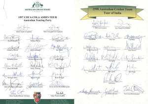 Australian Team sheets; fully signed, comprising 1997 Ashes Tour (Mark Taylor, Capt.) and 1998 India Tour (Mark Taylor, Capt.). (A total of 40 original signatures).