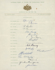 1956-83, a small collection of six Australian Team sheets, all with minor faults or incompletely signed. A great source of autographs including Ian Johnson, Keith Miller, Richie Benaud, Neil Harvey, Len Maddocks, Dennis Lillee, Max Walker, Doug Walters, Allan Border, Rick Darling, Greg Chappell, Kim Hughes, Rod Marsh, Jeff Thomson, Terry Alderman, Rod Hogg and Geoff Lawson. (80+ signatures).