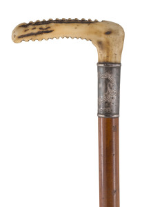 James (Bill) Roycroft, won a gold medal in the team three-day event at the 1960 Rome Games, riding in his first Olympics at the age of 45 and competing with a broken collarbone. This is the riding crop Roycroft used during this campaign. Sterling silver collar and bone handle, overall 64cm long.