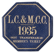 LANCASHIRE COUNTY & MANCHESTER CRICKET CLUB Membership cards for 1935, 1937 & 1941; all endorsed to H.H. Bullough, whose son, John, played for Lancashire between 1914 -19]. The 1937 card is a "LIFE MEMBER" type; the 1941 card with the statement "WAR YEAR