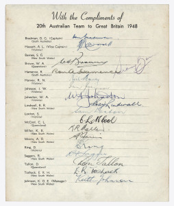 AUSTRALIA: 1948 Official Team sheet of "The Invincibles" squad to England, led by Bradman and Hassett, with 17 original signatures; lacking only the always absent Sid Barnes autograph which is hand-stamped in the wrong place!