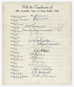 AUSTRALIA: 1948 Official Team sheet of "The Invincibles" squad to England, led by Bradman and Hassett, with 17 original signatures; lacking only the always absent Sid Barnes autograph which is hand-stamped in the wrong place! 