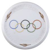 Ceramic Plaque of honour for the German Olympic Team "Gesamtdeutsche Olympiamannschaft Melbourne 1956", reverse with handpainted Olympic rings. Plaque by Meissen; size 9.5cm. Only 100 examples of this plaque were produced. Superb condition.