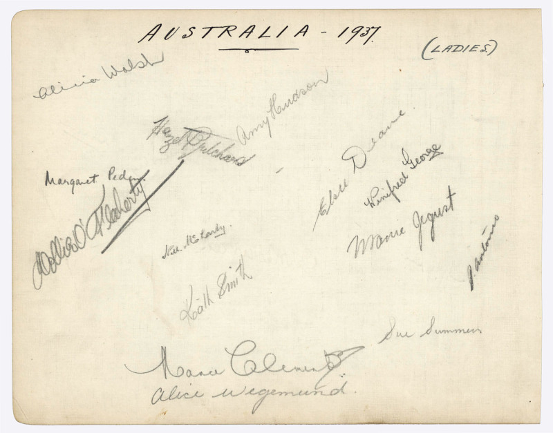 AUSTRALIAN WOMEN'S CRICKET TEAM IN ENGLAND 1937: A large autograph page with the signatures of the 14 members of the touring squad, including Margaret Peden (Capt.), Hazel Pritchard (who scored the most runs for Australia, 306) and Peggy Antonio (who took