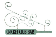 The "CRICKET CLUB BAR" hanging sign from the WINDSOR HOTEL, Melbourne; featuring a full-size bat hanging from a metal wall bracket. Now renamed "The Cricket Bar", the walls are covered in a fantastic range of cricket memorabilia. - 2