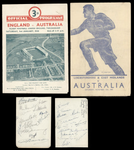 1947–48 Australian Rugby Union tour of Britain, Ireland, France and North America: Two autograph pages headed "Australian Rugby Touring Team 1947" bearing 27 signatures; the Official Programme for the England v Australia match 3rd January 1948 and another for the Leicestershire & East Midland v Australia match of 15th December 1947. The signatures include Brian Piper, Bob McMaster, Arthur Tonkin, Cyril Burke, Eric Tweedale, Arthur Buchan, Graeme Cooke and Charlie Eastes.