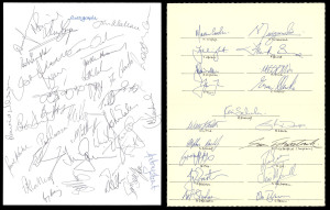 A nice accumulation which includes a Dec.1966 "Wales v Australia" at Cardiff dinner menu; a 1975 Roy Ullyett illustrated menu for the 50th Anniversary Luncheon in honour of The Australia Rugby Union Touring Team (signed by the chairman, Edward Heath); various (7) 1987 World Cup ticket stubs including the Final; British Lions 1989 signed postcard; signature card of the New Zealand team to Australia & South Africa, June-Aug.1992; another card of the NZ Touring Party to Ireland & Wales, etc.