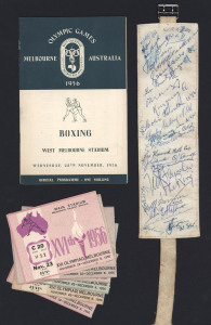 A "XVIth OLYMPIAD OFFICIAL - BOXING" official's armband extensively autographed on the inside by Nat Fleisher ("The Ring" editor) and numerous competitors and officials; a set of 8 different date tickets for Athletics at the Main Stadium (M.C.G.); Boxing Programmes for West Melbourne Stadium on 23rd, 24th, 27th, 28th & 29th November. Also, a brochure published by The Olympic Tyre & Rubber Co. (Founded by Frank Beaurepaire) titled "The Olympic Games 1960" with a history of the Games.