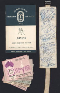 A "XVIth OLYMPIAD OFFICIAL - BOXING" official's armband extensively autographed on the inside by Nat Fleisher ("The Ring" editor) and numerous competitors and officials; a set of 8 different date tickets for Athletics at the Main Stadium (M.C.G.); Boxing 