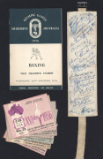 A "XVIth OLYMPIAD OFFICIAL - BOXING" official's armband extensively autographed on the inside by Nat Fleisher ("The Ring" editor) and numerous competitors and officials; a set of 8 different date tickets for Athletics at the Main Stadium (M.C.G.); Boxing