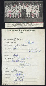 A cricket miscellany comprising an AUSTRALIA 1921 Team photograph (by Philip G. Hunt, London); a 1938 fixture card published by "The Advertiser" and listing the Australian team; the 1958 New Zealand Team signatures on a page; the South African team to Eng