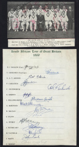 A cricket miscellany comprising an AUSTRALIA 1921 Team photograph (by Philip G. Hunt, London); a 1938 fixture card published by "The Advertiser" and listing the Australian team; the 1958 New Zealand Team signatures on a page; the South African team to England in 1960 - a signed team picture; and a fully signed team sheet of the same 1960 South African team.