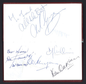 A small autograph book, circa 1970s-90s, containing over 250 signatures, mainly cricketers but also a few entertainers. Noted Holding, Statham, Chappell, Trueman, Barlow, Richie Benaud, Ray Lindwall, Dean Jones, Jeremy Coney, Gladstone Small, Robin Smith,