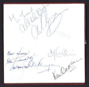 A small autograph book, circa 1970s-90s, containing over 250 signatures, mainly cricketers but also a few entertainers. Noted Holding, Statham, Chappell, Trueman, Barlow, Richie Benaud, Ray Lindwall, Dean Jones, Jeremy Coney, Gladstone Small, Robin Smith, Mike Gatting, Fred Titmus, Chris Broad, John Snow, Jeremy Lloyd, etc.