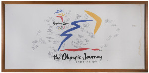 "SYDNEY 2000 - the Olympic Journey" banner, signed by c46 former Australian Olympians from 1936-96, noted Mervyn Wood (rowing 1936-56 with gold at 1948 London, silver at Helsinki 1952 & bronze at Melbourne 1956), Mark Kerry (swimming - gold 1980 Moscow), Lionel Cox (cycling - gold & silver at 1952 Helsinki), framed and glazed, overall 190x92cm.
