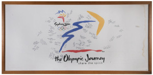 "SYDNEY 2000 - the Olympic Journey" banner, signed by c46 former Australian Olympians from 1936-96, noted Mervyn Wood (rowing 1936-56 with gold at 1948 London, silver at Helsinki 1952 & bronze at Melbourne 1956), Mark Kerry (swimming - gold 1980 Moscow), 