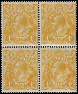 4d Orange, block (4) with the major variety "Line through 'FOUR PENCE'"; BW.110(2)h. The other 3 units all with plateable listed varieties. Fine & fresh; upper units MVLH; lower units incl. "Line through" MUH.