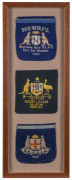AN IMPRESSIVE DISPLAY OF 1930's RUGBY LEAGUE JACKET POCKETSThe display comprises of a 1932&nbsp;New South Wales Rugby Football League pocket, a 1933-34 Australian Rugby League Selector's green & gold pocket and a 1937&nbsp;Newtown District R.L.F.C. City Cup Winners