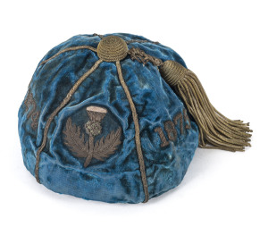 HUGH MONTGOMERIE HAMILTON'S SCOTLAND RUGBY CAP, 1874-75with "J.C. Stewart Clothier" maker's label named in ink to "H.M. Hamilton" with the thistle emblem and dates embossed in silver thread on the front. Superb condition, considering its' age.Provenance: The family, by descent.Hugh Montgomerie Hamilton (1854-1930), judge, was born on 26 June 1854 at Parramatta, New South Wales, son of Hugh Hamilton, a pastoralist from Ayrshire, Scotland, and his native-born wife Margaret Clunes, née