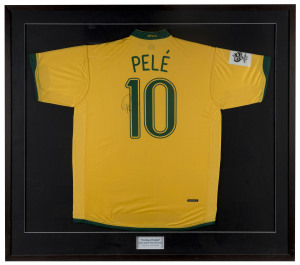 PELE autograph on a Brazil 2006 World Cup replica shirt; framed & glazed; overall 106 x 118cm.