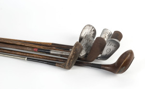A group of (8) vintage golf clubs; 4 with hickory shafts, including a  Cann & Taylor "Autograph" putter; a William Gibson & Co No.1 Iron and a "Bee-line" 4 Iron; a Sure-Shot Special No.4 Iron; a George Duncan "The Akros Model Niblick; a Gibsons Triple Sta