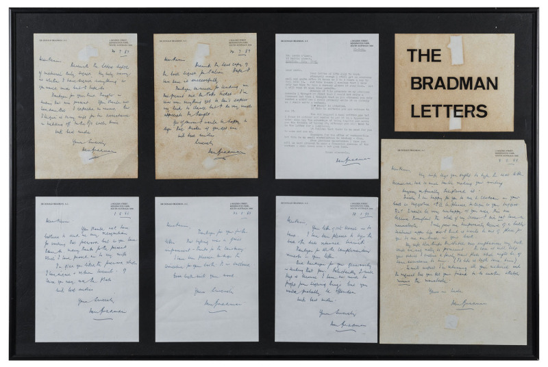 A BRADMAN CORRESPONDENCE, 1987-1993 A series of seven letters to the present vendor, explaining his willingness to sign items sent to him, "....strangely enough I still get an enormous mail and quite often it takes me 3 to 4 hours a day to deal with it...