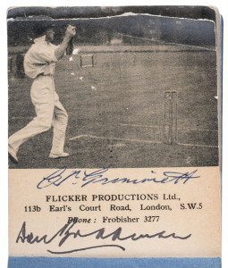 C.V. GRIMMETT "Flicker" book No. 2, circa 1930, demonstrating "Googley Delivery and Off Break Finger Spin", the title page (slightly reduced at top) signed in ink by Grimmett and Don Bradman. (The front cover has a narrow piece of adhesive tape affixed).
