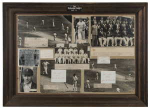 A framed presentation titled "The Bodyline Series 1932" which incorporates original press photographs of the Australian and English Teams, dramatic action photographs, individual photographs, typed explanations and original autographs of Harold Larwood (8