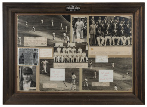 A framed presentation titled "The Bodyline Series 1932" which incorporates original press photographs of the Australian and English Teams, dramatic action photographs, individual photographs, typed explanations and original autographs of Harold Larwood (8) and Don Bradman (2). Overall 63 x 84cm.