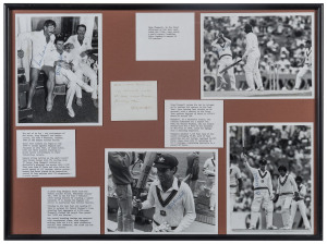 GREG CHAPPELL'S LAST TEST MATCH, January 1984, at the S.C.G.A framed display featuring four original press photographs of Chappell 9and others) during his dramatic final Test Match appearance. Signed in 5 places by Chappell and once by Rod Marsh. Overall 45 x 60cm.In a fairytale finale, Chappell was finally dismissed for 182. Chappell amassed 7,110 Test runs in his career, with 23 Test centuries. He captained Australia in 48 Test matches.Provenance: The Kevin O'Dowd Collection.