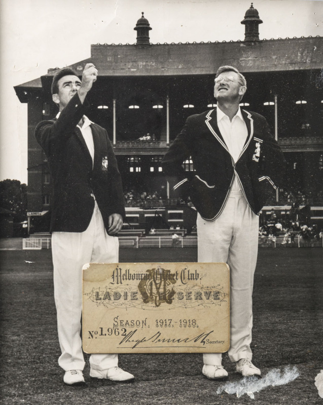 Melbourne Cricket Club Ladies Reserve ticket for the 1917 - 1918 season; signed by the Secretary, Hugh Trumble. Displayed in a glazed frame with a photograph of "the toss" taking place on the field of play. [Membership cards from the War years - male or f