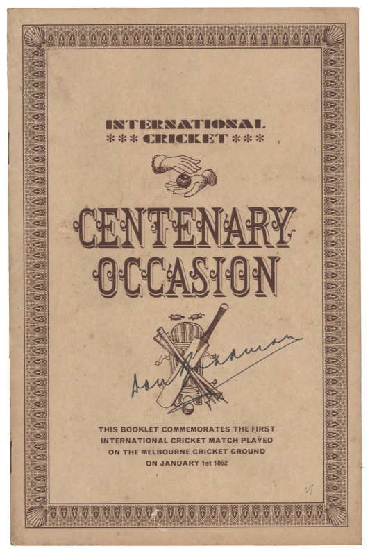 1962 "International Cricket Centenary Occasion" booklet published by The Shell Oil Company to celebrate the centenary of the first visit by an All England cricket team to Australia. A replay of the first International Cricket Match was played at the M.C.G