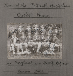 TOUR OF THE FIFTEENTH AUSTRALIAN CRICKET TEAM IN ENGLAND and SOUTH AFRICA - Season 1921 The personal photographs and annotated album assembled by the team scorer, Bill Ferguson.The title page bearing a team photographic postcard (by Bolland) signed in ink by the whole team which included Armstrong, Bardsley, Ryder, Gregory, Mailey, Collins and Macartney. The following 55 pages provide 275 good quality photographs, all neatly annotated by Ferguson