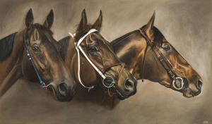 PLACID ARK, VO ROGUE & RUBITON: Barbel Georgi "Placid Ark, Vo Rogue, Rubiton", oil on canvas, signed "GB 88" lower right, framed, overall 131x85cm.