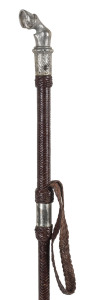 RIDING CROP, decorated with sterling silver horse's hoof, made by whip-maker Richard Rowbottom, in timber presentation case.