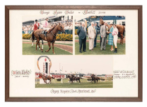 MANIKATO: Group of eight including trainer's trophy for 1978 Marlboro Cup; 'The Legends' trophy; Certificate of Registration; saddlecloth; framed photographs (3); print by Harold Freedman "Visit by HM The Queen to Caulfield Racecourse on 29th September 1981 for the Opening of the Victorian Racing Museum and the presentation of Her Majesty's Trophy for the Queen Elizabeth Stakes, won by Manikato". Ex Bob Hoysted collection.