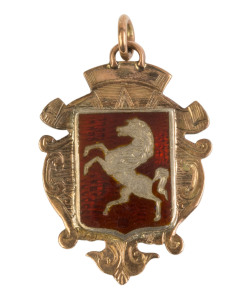 NORTHFLEET: 9ct gold & enamel medal with prancing horse on front, engraved on reverse, "W.K.L./ 06-7/ Div. 1./ Northfleet".