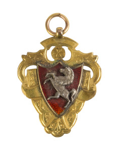 NORTHFLEET: 9ct gold & enamel medal with prancing horse on front, engraved on reverse, "W.K.L./ 07-8/ Div. 1./ Northfleet".