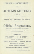 1892 VRC STEEPLECHASE: Leather-bound "Victoria Racing Club, 1892. Autumn Meeting, Official Programme, Steeplechase Day". Together with a dinner menu, "Welcome to Bundoora Park. The 'Brunswick Herd' and 'Bundoora Park Stud' Annual Sale 1878". Fair/Good con - 2