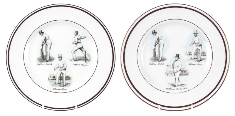 A pair of Staffordshire bone china plates, 27cm diameter; one depicts Fuller Pilch, Thomas Box & William Lillywhite; the other, Fuller Pilch, Alfred Mynn & Thomas Box. Both with gilt trim to edges. Fine condition. circa 1950s (2).