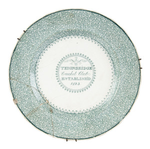 TEIGNBRIDGE CRICKET CLUB commemorative porcelain plate, English, circa 1873, with cartouche reading "TEIGNBRIDGE CRICKET CLUB ESTABLISHED 1823" 