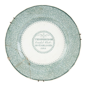 TEIGNBRIDGE CRICKET CLUB commemorative porcelain plate, English, circa 1873, with cartouche reading "TEIGNBRIDGE CRICKET CLUB ESTABLISHED 1823"