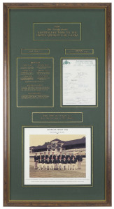 Attractive display entitled "1981 The Twenty-Ninth AUSTRALIAN TOUR TO THE UNITED KINGDOM & SRI LANKA" with an official team photograph and a fully signed official team sheet. The autographs include Kim Hughes (Capt.), Rod Marsh (Vice Capt.), Border, Lillee, Alderman, Wood and Yallop. With details of the tour annotated in black and gold against a green background; acid-free mount board; framed and glazed. Overall 107 x 56cm.