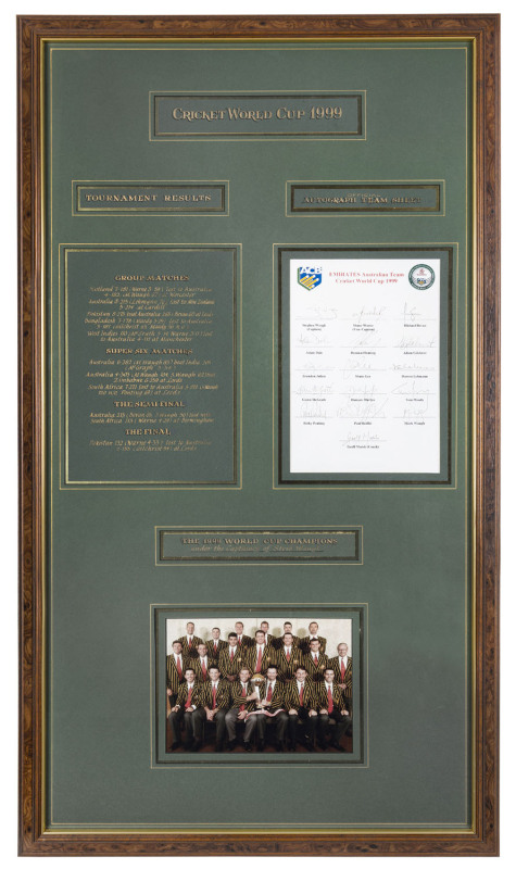 CRICKET WORLD CUP 1999 headed display, attractively annotated in black and gold on green acid-free board. 