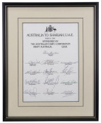 AUSTRALIA to SHARJAH, U.A.E. March 1985 Official Australian team sheet fully signed by the squad captained by Alan Border, with Graeme Wood (Vice Capt.), Terry Alderman, Kim Hughes, Dean Jones, Simon O'Donnell and Kepler Wessels. Framed and glazed; overal